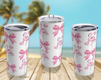 Pink Flamingo Bow Coquette Stainless Steel Tumbler 20oz, Flamingo Beach  Pink Bow Heart Tumbler with Lid,  Flamingo Coquette Cup Tumbler
