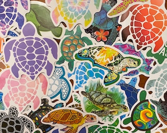 Sea Turtle Sticker Set of 25 or 50 Waterproof Turtle Decals for water bottles, phones, notebooks, party favors, crafts, Tortoise Stickers