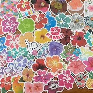 May include: A collection of colorful stickers featuring tropical flowers, including hibiscus, in various shades of red, pink, yellow, orange, and blue. Some stickers have the word "Hawaii" printed on them, and others feature a hand gesture.