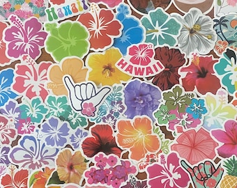 100 Hibiscus Flower Hawaii Tropical Stickers, Colorful Hibiscus Floral Waterproof Vinyl Decals for Water Bottles,  Hawaiian Hibiscus Decals