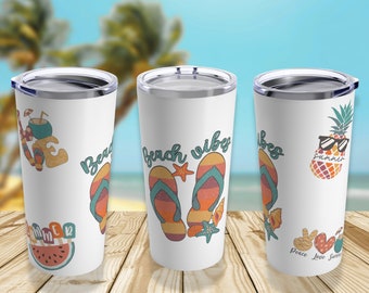 Beach Vibes Tropical Stainless Steel Sticker Tumbler 20oz, Beach Vacation Tumbler, Pool Tumbler, Beachy Sticker Cold Hot Tumbler with Lid