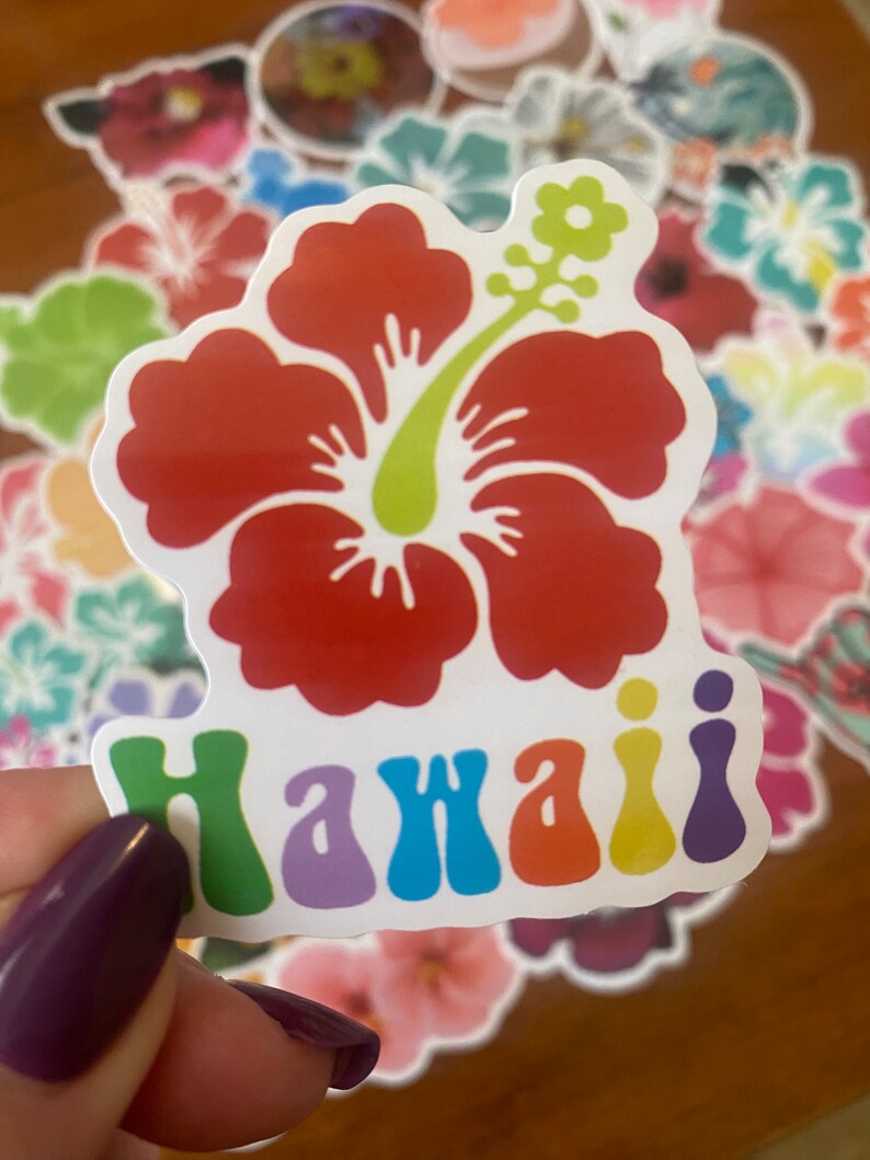 May include: A red hibiscus flower sticker with a green stem and the word "Hawaii" in rainbow colors. The sticker is held in front of a blurred background of other floral stickers.