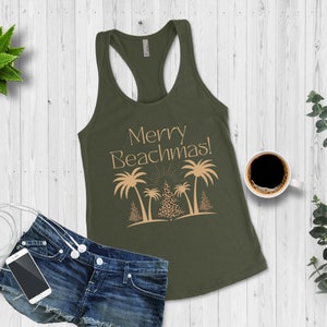 Merry Beachmas Christmas Workout Tank Top for Women, Beachy Christmas Palm Tree Tank Top,  Racerback Christmas Beach Vacation Fitness Tank