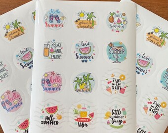 Tropical Summer Round Stickers, Beach Party Decals (12 Count)