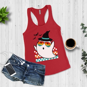 Halloween Ghost Tropical Racerback Workout Tank Top for Women, Retro Ghost in Sunglasses Graphic Halloween Exercise Ladies Tank Top