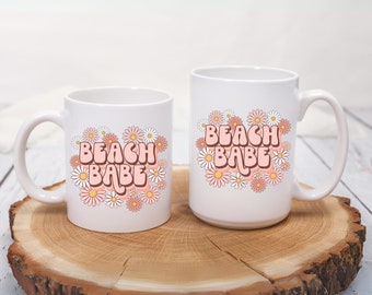 Boho Beach Babe Daisy White Ceramic Coffee Mug, Beach Babe Flower Daisy Mug, Coquette Beach Babe Mug 11oz 15oz Beach Babe Boho Cup for Her