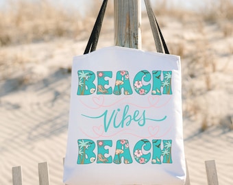 Beach Vibes Tropical Beach Themed Tote Bag, Beach Tote Bag Small Medium Large, Tropical Beachy Vacation Tote Bag, Beach Vibes Travel Tote