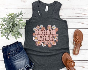 Beach Babe Tank Top Pink Daisy Boho Beach Babe Racerback Tank Top for Women, Retro Beach Babe Flower Tank Top, Beach Workout Tank Top