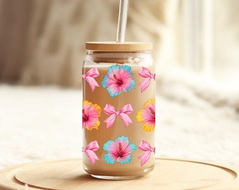 Hibiscus Flowers Pink Bows Coquette Glass Tumbler 16oz, Hibiscus Bow Tropical Glass Jar Sipper Cup, Glass Beer Cup, Glass Coffee Cup