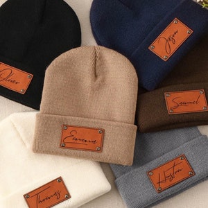 Personalize Leather Patch Baby Beanie Hat,Knitted Winter Hat,Leather Name Patch Beanie,Infant Beanie with Name,Unisex Baby Hats For Baby