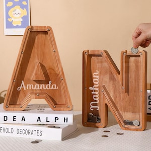 Alcancía de madera grande personalizada con letras para niños, regalo de madera para niños, alcancía con nombre personalizado, alcancía de madera con letras del alfabeto para cumpleaños