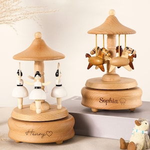 Recuerdo de carrusel musical de madera con bailarina, caja de música de tren de madera personalizada, caja de música con nombre grabado, regalo para baby shower, regalos para recién nacidos