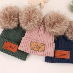 Engraved Leather Patch Pom Beanie,Leather Patch Beanie With Pom For Baby Personalized,Custom Baby Pom Beanie With Name,Adult Beanie Hat