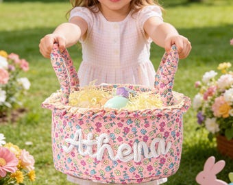 Canasta de Pascua personalizada para niños, canasta acolchada para la búsqueda de huevos de Pascua, canasta de regalo de algodón para bebé, canasta con nombre de bebé, canasta de Pascua, canasta de decoración de primavera