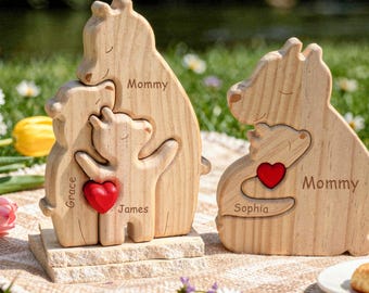 Personalized Single Parent Families Bear Puzzle, Wooden Bear Family Puzzle, Personalized Mother's Day Gifts, Gift for Mom, Family Home Decor