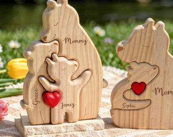Personalized Single Parent Families Bear Puzzle, Wooden Bear Family Puzzle, Personalized Mother's Day Gifts, Gift for Mom, Family Home Decor