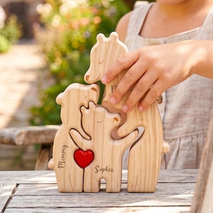 Rompecabezas personalizado de familia de osos monoparentales, rompecabezas de madera grabado para la familia, decoración del hogar