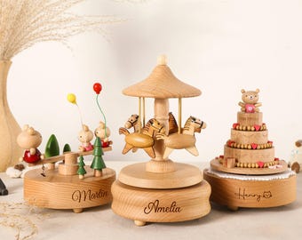 Musical Wooden Ballerina Carousel Keepsake,Personalized Wooden Train Music Box,Engraved Name Music Box,Baby Shower Gift,Newborn Gifts