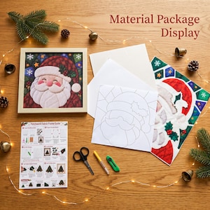 May include: A DIY patchwork fabric craft kit featuring a square wooden frame with a finished Santa Claus image, a white base board, a line art template, a printed fabric sheet, a guide, black scissors, a yellow stylus, and a green craft knife.