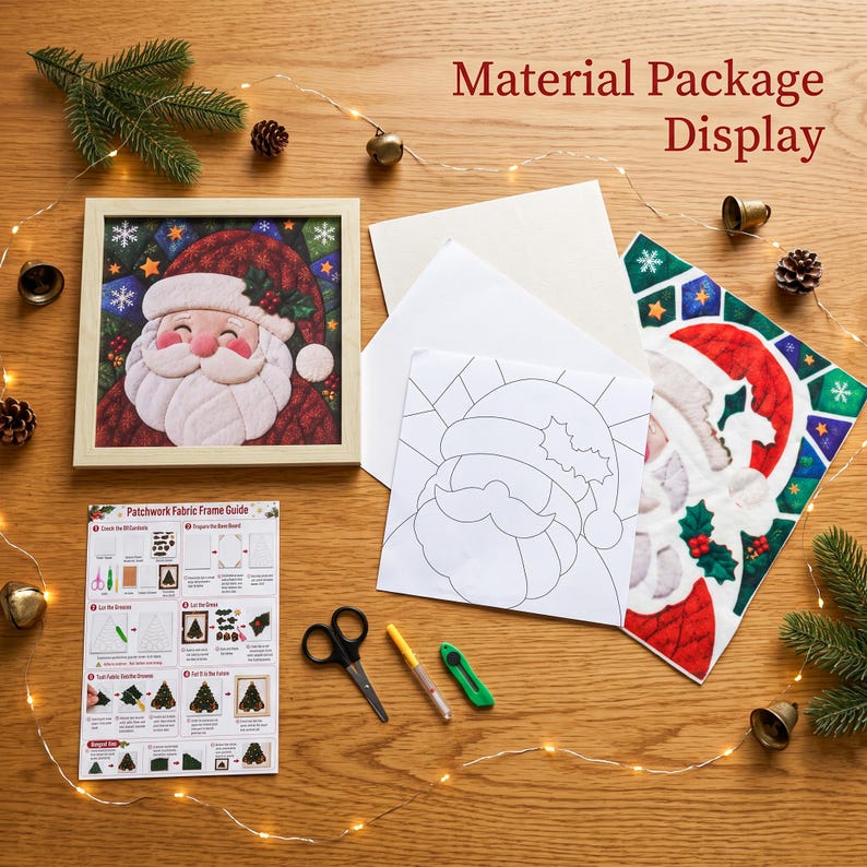 May include: A DIY patchwork fabric craft kit featuring a square wooden frame with a finished Santa Claus image, a white base board, a line art template, a printed fabric sheet, a guide, black scissors, a yellow stylus, and a green craft knife.