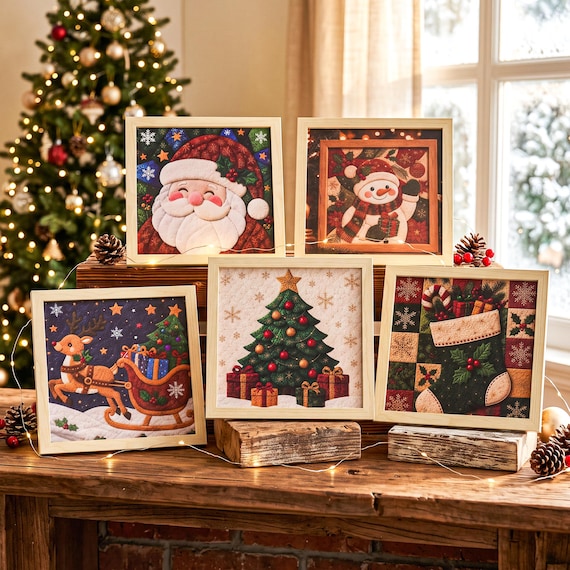 No‑Sew Christmas Quilt Art Kit, Kinusaiga Art Kit,DIY Xmas Wall Art,Santa Snowman Wreath Xmas Tree Craft Kit,Beginner Friendly Gift