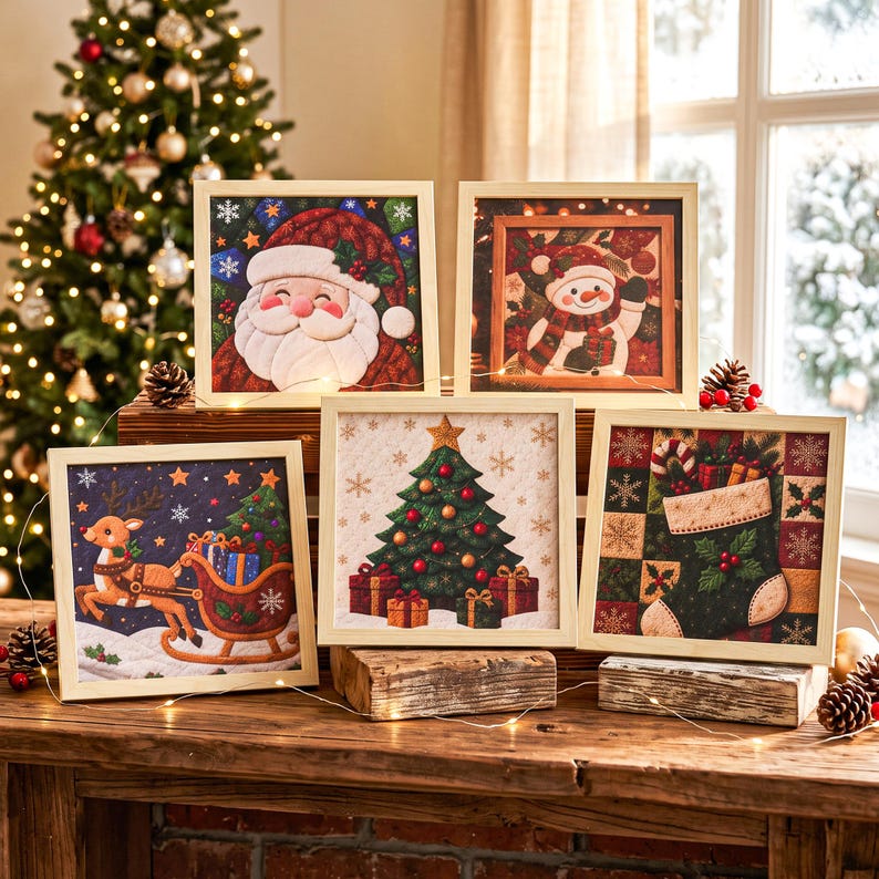 May include: Five square framed wall art pieces featuring Christmas themes including Santa Claus, a snowman, a reindeer pulling a sleigh, a decorated Christmas tree with gifts, and a holiday stocking, all displayed on a wooden surface.