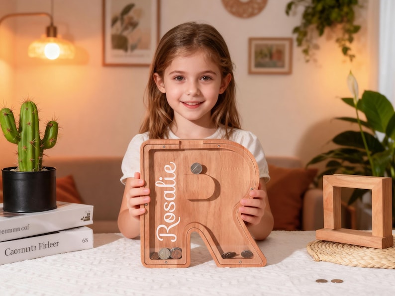 Hucha infantil de madera personalizada con letra, hucha con nombre personalizado, alcancía con letra imagen 4