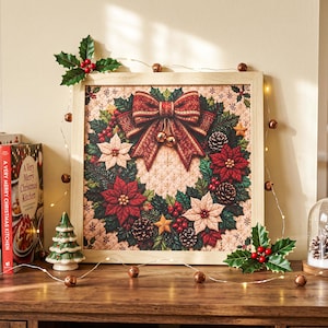 May include: A square framed wall art piece featuring a detailed illustration of a Christmas wreath with red and white poinsettias, pine cones, holly berries, and a large red patterned bow, set against a quilted beige background with stars.