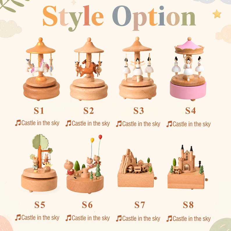 May include: Eight wooden music boxes labeled S1 through S8, each playing Castle in the Sky. Designs include carousels with unicorns, horses, or ballerinas, and scenes featuring bears on a swing, a seesaw, a train in a tunnel, and a castle.