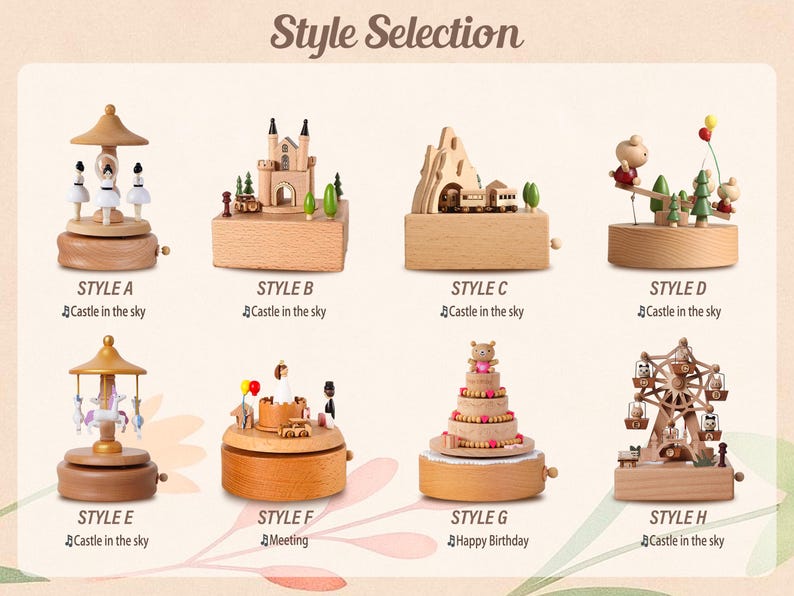 K&ouml;nnte beinhalten: Eine Auswahl an h&ouml;lzernen Spieluhren, jede mit einem einzigartigen Design. Zu den Stilen geh&ouml;ren ein Karussell, ein Schloss, ein Riesenrad und eine mehrst&ouml;ckige Torte. Der Text "Style Selection" steht oben. Jeder Stil ist mit einem Buchstaben und einem Songtitel gekennzeichnet.