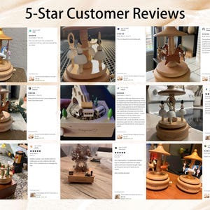 K&ouml;nnte beinhalten: Eine Collage von Bildern, die h&ouml;lzerne Spieluhren mit verschiedenen Designs zeigen, darunter Karussells mit Pferden und Ballerinas sowie eine Zugszene. Der Text "5-Star Customer Reviews" steht oben.
