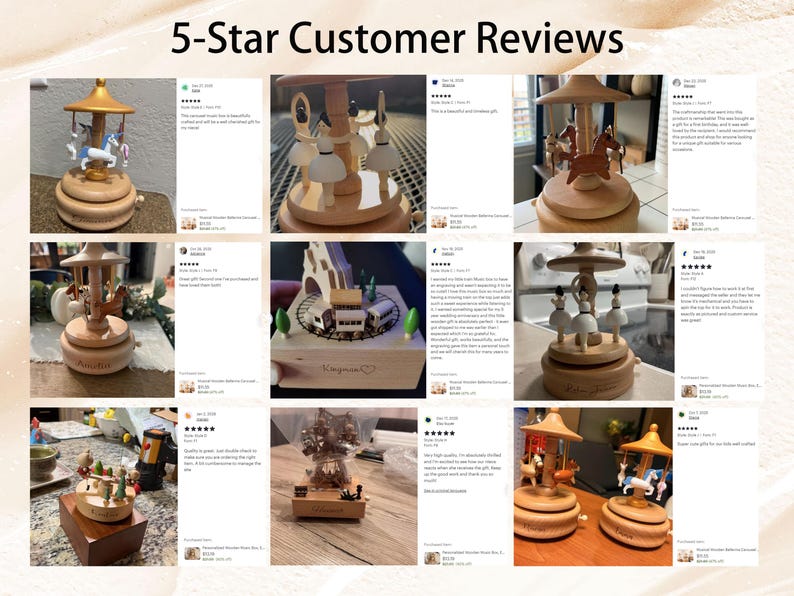 K&ouml;nnte beinhalten: Eine Collage von Bildern, die h&ouml;lzerne Spieluhren mit verschiedenen Designs zeigen, darunter Karussells mit Pferden und Ballerinas sowie eine Zugszene. Der Text "5-Star Customer Reviews" steht oben.