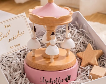 Personalized Wooden Carousel & Ballerina Music Box, Engraved Name Music Box,Baby Shower Gifts