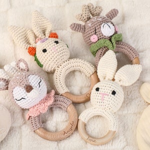 Crochet Toy Rattle For Babies,Baby Grasping Toy,Personalized Baby Rattle,Baby Shower Toy,Wooden Rattle Ring For Newborn Gift,Birthday Gift