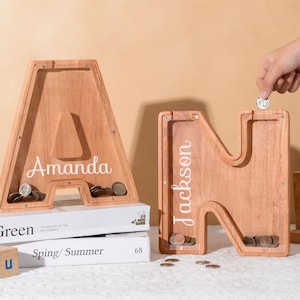 Personalized Large Wooden Kids Letter Piggy Bank,Wood Gift For Kids,Custom Name Coin Bank,Wood Alphabet Letter Bank Money Box Birthday