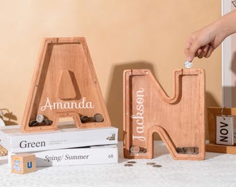 Personalized Wooden Kids Letter Piggy Bank, Custom Name Coin Bank,Letter Bank Money Box