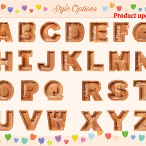 Puede incluir: Letras del alfabeto de madera con nombres inscritos dentro de cada letra. Las letras son de color marr&oacute;n claro y tienen un acabado de madera natural. Las letras est&aacute;n dispuestas en orden alfab&eacute;tico.