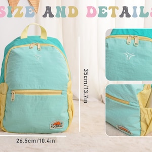 May include: A teal and yellow backpack with a top handle and two zippered compartments. The backpack is 13.7 inches tall and 10.4 inches wide. The text "SIZE AND DETAILS" is at the top of the image.