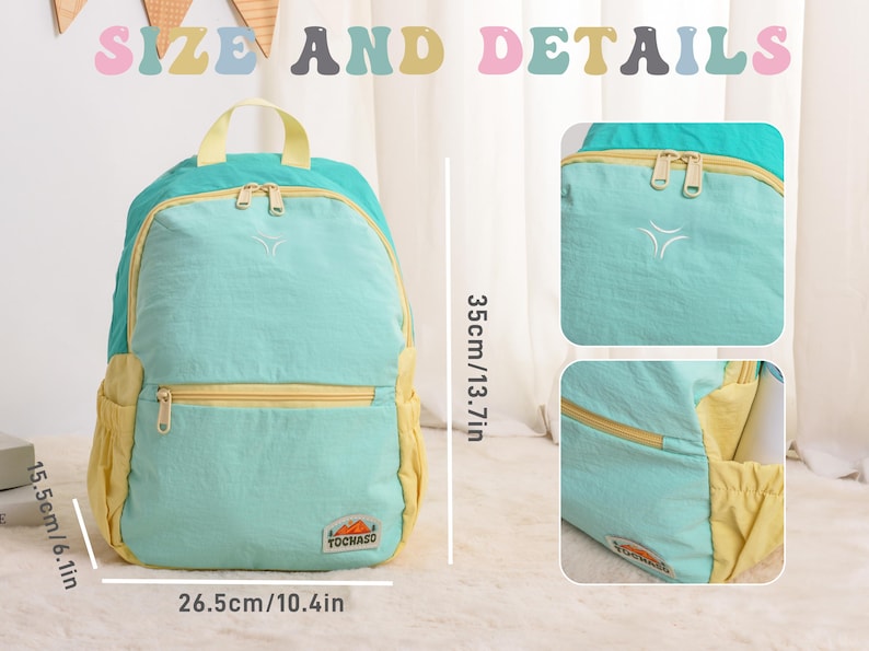May include: A teal and yellow backpack with a top handle and two zippered compartments. The backpack is 13.7 inches tall and 10.4 inches wide. The text "SIZE AND DETAILS" is at the top of the image.