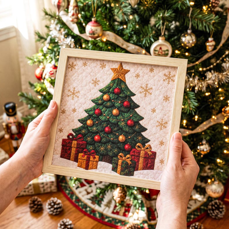 May include: A square framed wall art piece featuring a quilted-style illustration of a green Christmas tree decorated with red and gold ornaments, a gold star topper, and gold snowflakes on a cream background, with three wrapped gifts below.