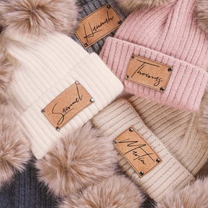 Custom Name Baby Beanie,Engraved Leather Patch Beanie With Pom For Baby Personalized,Personalized Kids Winter Beanie,Adult Beanie Hat