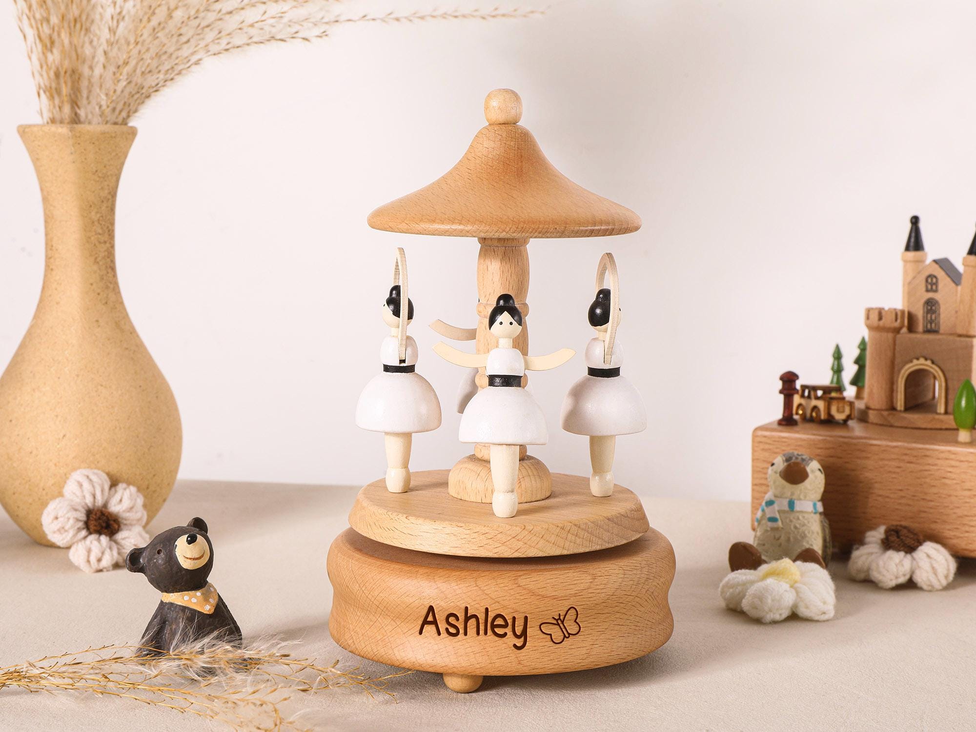 Musical Wooden Ballerina Carousel Keepsake,Engraved Name Music Box,Personalized Wooden Train Music Box,Baby Shower Gift,Newborn Gifts