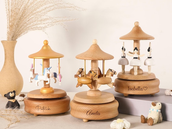 Musical Wooden Ballerina Carousel Keepsake,Engraved Name Music Box,Baby Shower Gifts