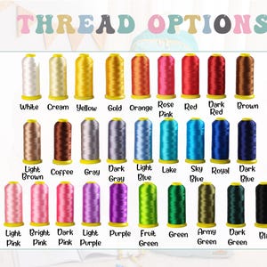 May include: Image displaying a variety of thread spools in a range of colors. The text "THREAD OPTIONS" is at the top. Colors include white, yellow, orange, pink, red, brown, gray, blue, green, and black. Each spool is labeled with its color name.