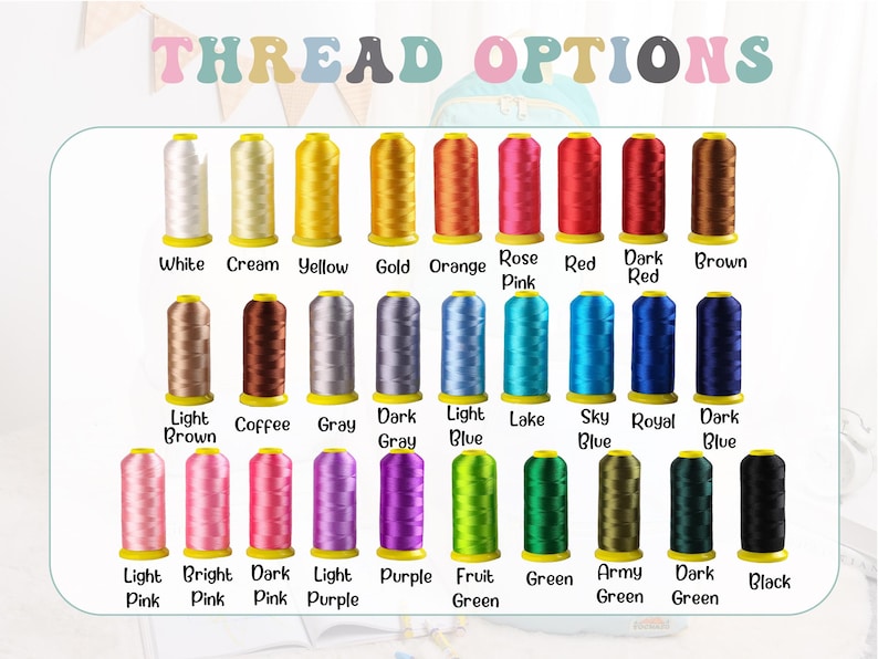May include: Image displaying a variety of thread spools in a range of colors. The text "THREAD OPTIONS" is at the top. Colors include white, yellow, orange, pink, red, brown, gray, blue, green, and black. Each spool is labeled with its color name.