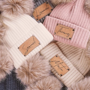Personalize Baby Pom Beanie With Name,Engraved Leather Patch Pom Beanie,Leather Patch Beanie With Pom For Baby Personalized,Adult Beanie Hat