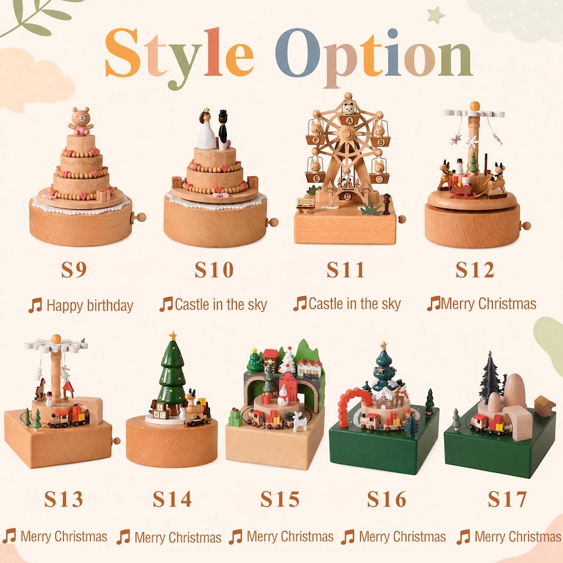 May include: A collection of wooden music boxes labeled S9 through S17, featuring various designs including tiered cakes, a ferris wheel, a carousel, and holiday scenes with trains and trees. Each base has a winding key and plays a specific melody.