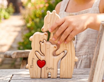 Personalisierte alleinerziehende Familien Bär Puzzle, hölzerne Bärenfamilie Puzzle, personalisierte Vatertagsgeschenke, Geschenk für Papa, Familie Wohnkultur