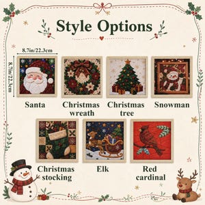 May include: A collection of seven square framed holiday-themed wall art pieces labeled Style Options. Each piece measures 8.7 inches by 8.7 inches and features designs including Santa, a Christmas wreath, a tree, a snowman, a stocking, an elk, and a red cardinal.