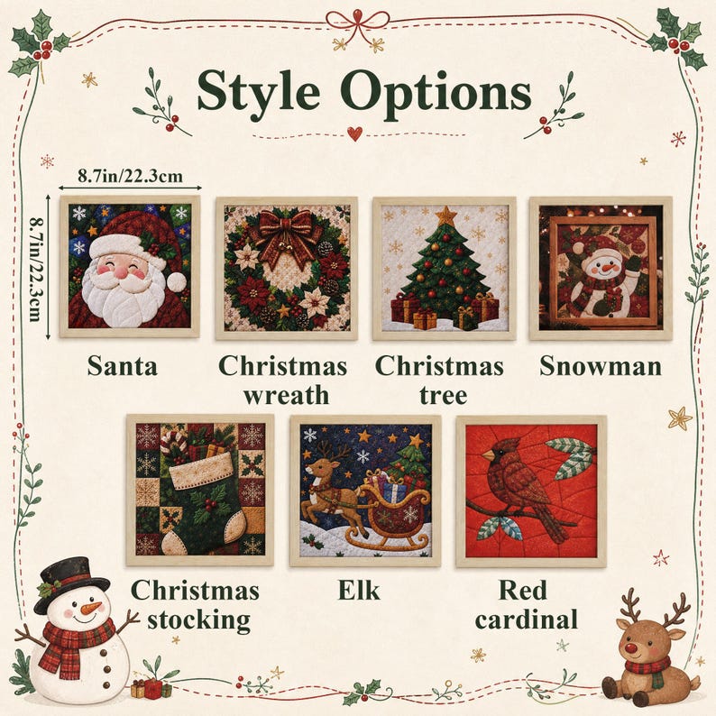 May include: A collection of seven square framed holiday-themed wall art pieces labeled Style Options. Each piece measures 8.7 inches by 8.7 inches and features designs including Santa, a Christmas wreath, a tree, a snowman, a stocking, an elk, and a red cardinal.
